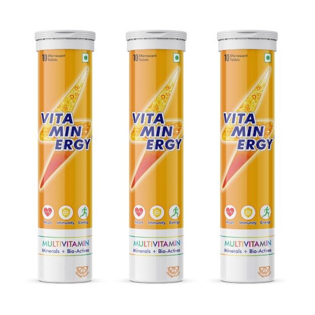 Vitaminergy - Multivitamin Effervescent Tablets (3 Tubes with 10 Effervescent Tablets Each) - 20 Essential Vitamins, Minerals &  Bio-Actives for Daily Nutrition, Orange Flavour