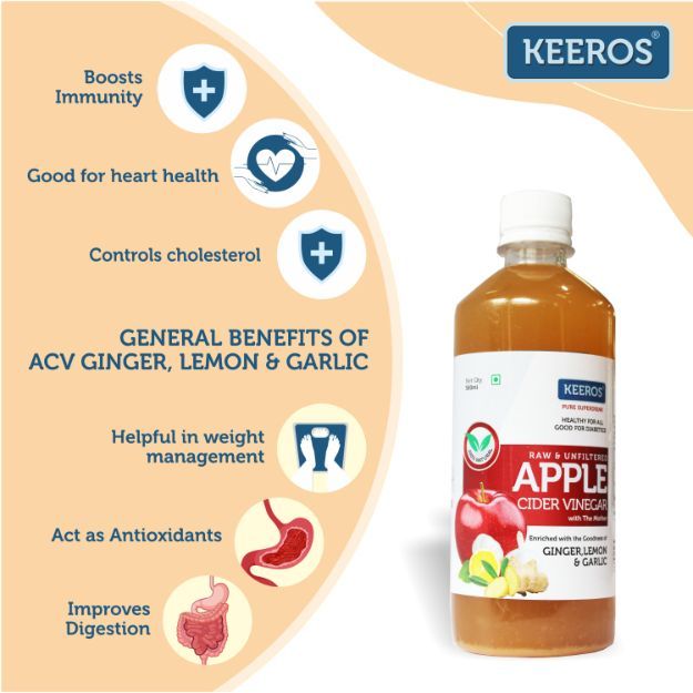 Keeros Apple Cider Vinegar for Diabetics & Weight Watchers Infused with Ginger, Lemon & Garlic 500ml