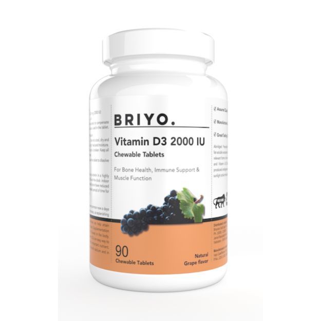 Briyo Vitamin D3 2000 IU D3 Chewable Tablets Natural Grape Flavor (90)