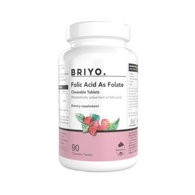 Briyo folic acid as folate Chewable Tablets Natural Raspberry Flavor (90)