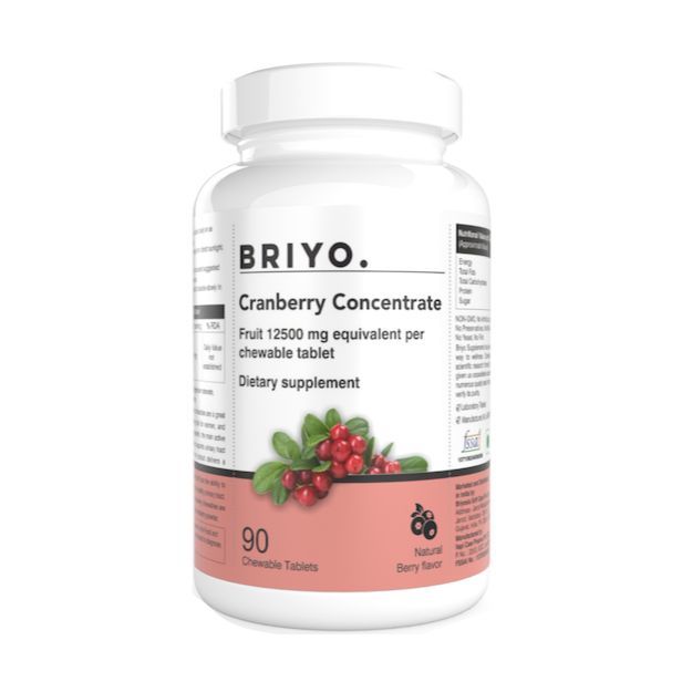 Briyo Cranberry Concentrate Chewable Tablets (equivalent to 12500 mg cranberry)fruit) natural berry flavor (90)